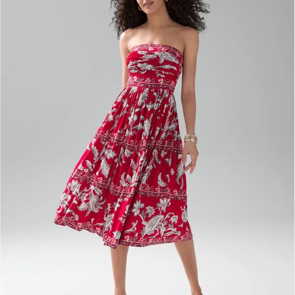 White House Black Market Red and White Ruched Strapless Sundress